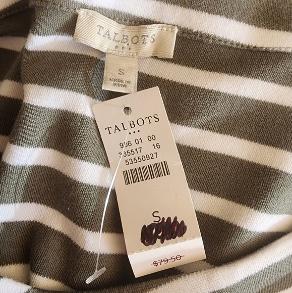 Talbots Knit Dress Olive Green White Stripes Ruffle Sleeve Business Casual - Picture 5 of 6